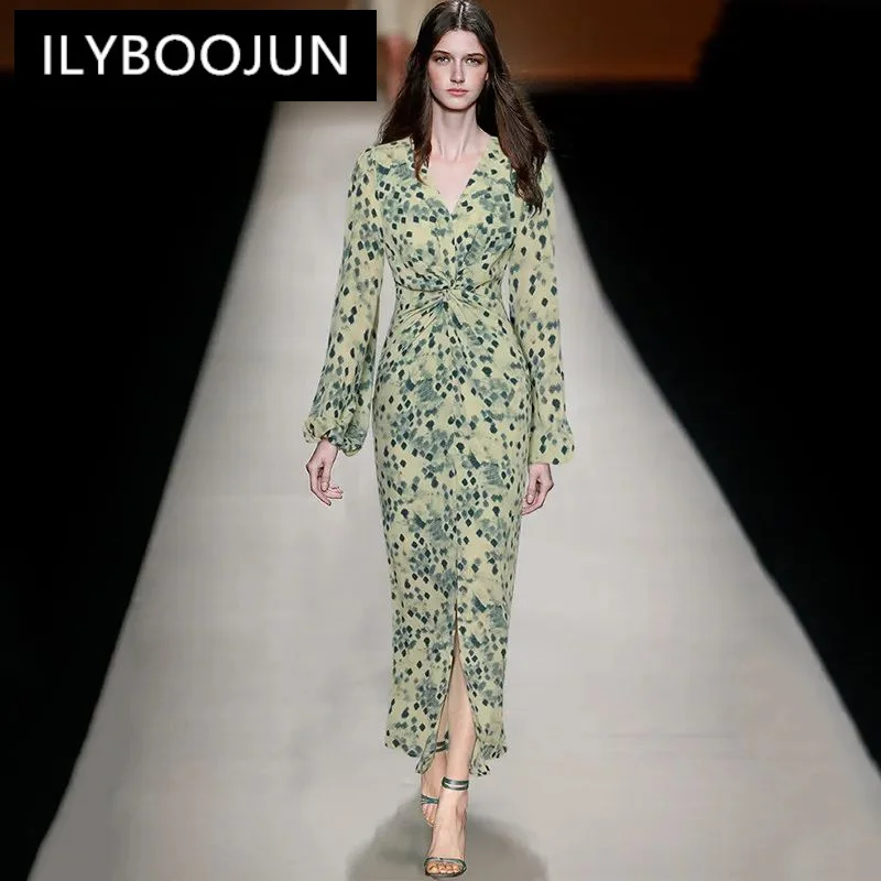 

Модельное винтажное платье ILYBOOJUN с принтом, женское Плиссированное длинное облегающее платье с рукавами-фонариками и высокой талией на ягодицах