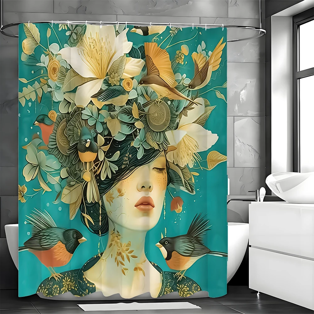 Abstract Art Flower and Bird Girl Design, Shower Curtain, Bathroom Decorative Shower Curtain, Waterproof Shower Curtain with Hoo 2