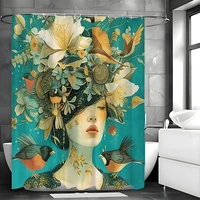 Abstract Art Flower and Bird Girl Design, Shower Curtain, Bathroom Decorative Shower Curtain, Waterproof Shower Curtain with Hoo 2