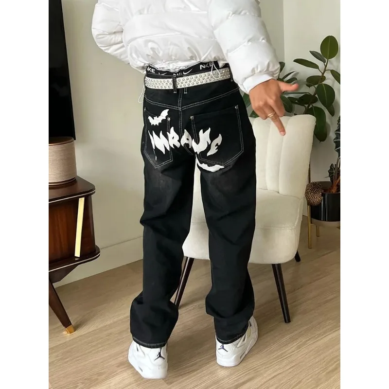 American style trendy printed black men's Y2K fashionable pattern painted Baggy casual pants loose straight cotton denim pants