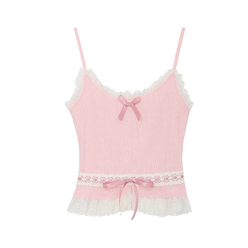 

Женский Кружевной укороченный топ в стиле пэчворк, модная розовая футболка, эстетичный жилет, Y2k, с открытыми плечами, без рукавов, милые белые майки, летние топы