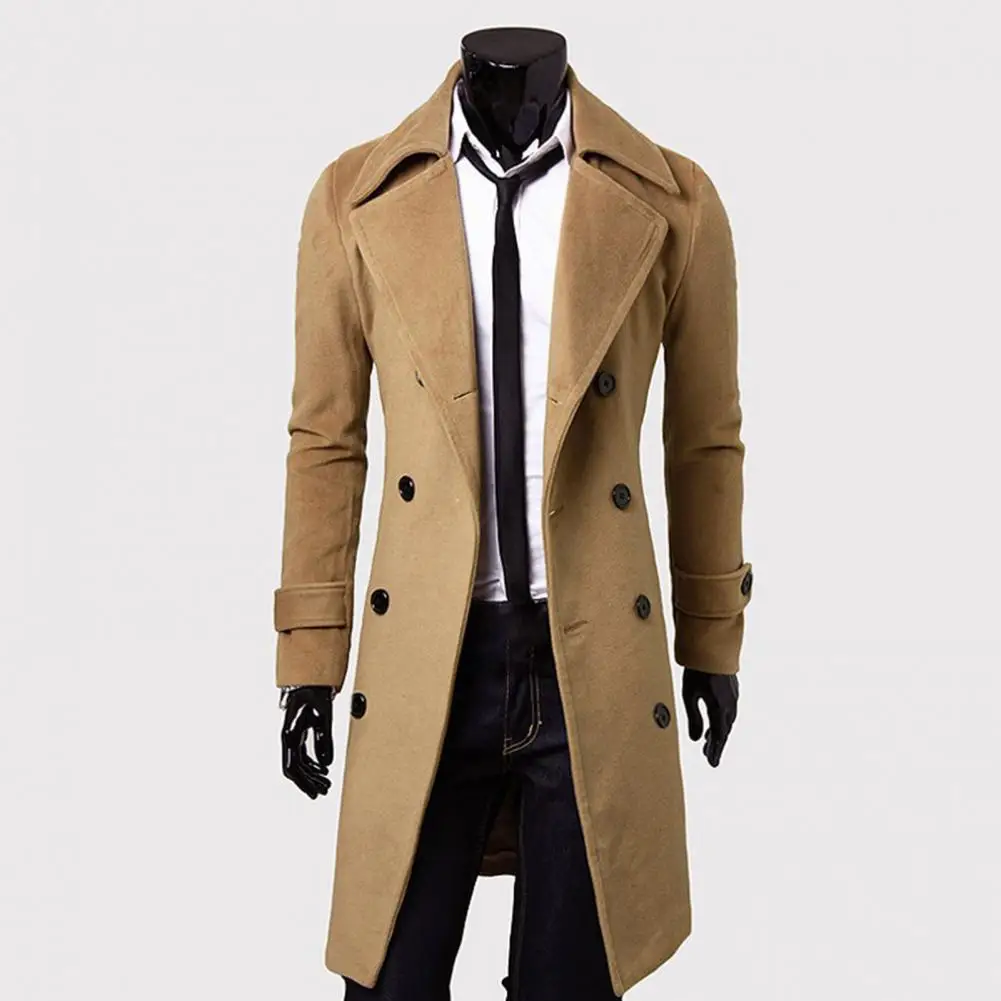 Simple Trench Coat Double-breasted Male Men Coat Coldproof Pure Color Jacket - Image 3
