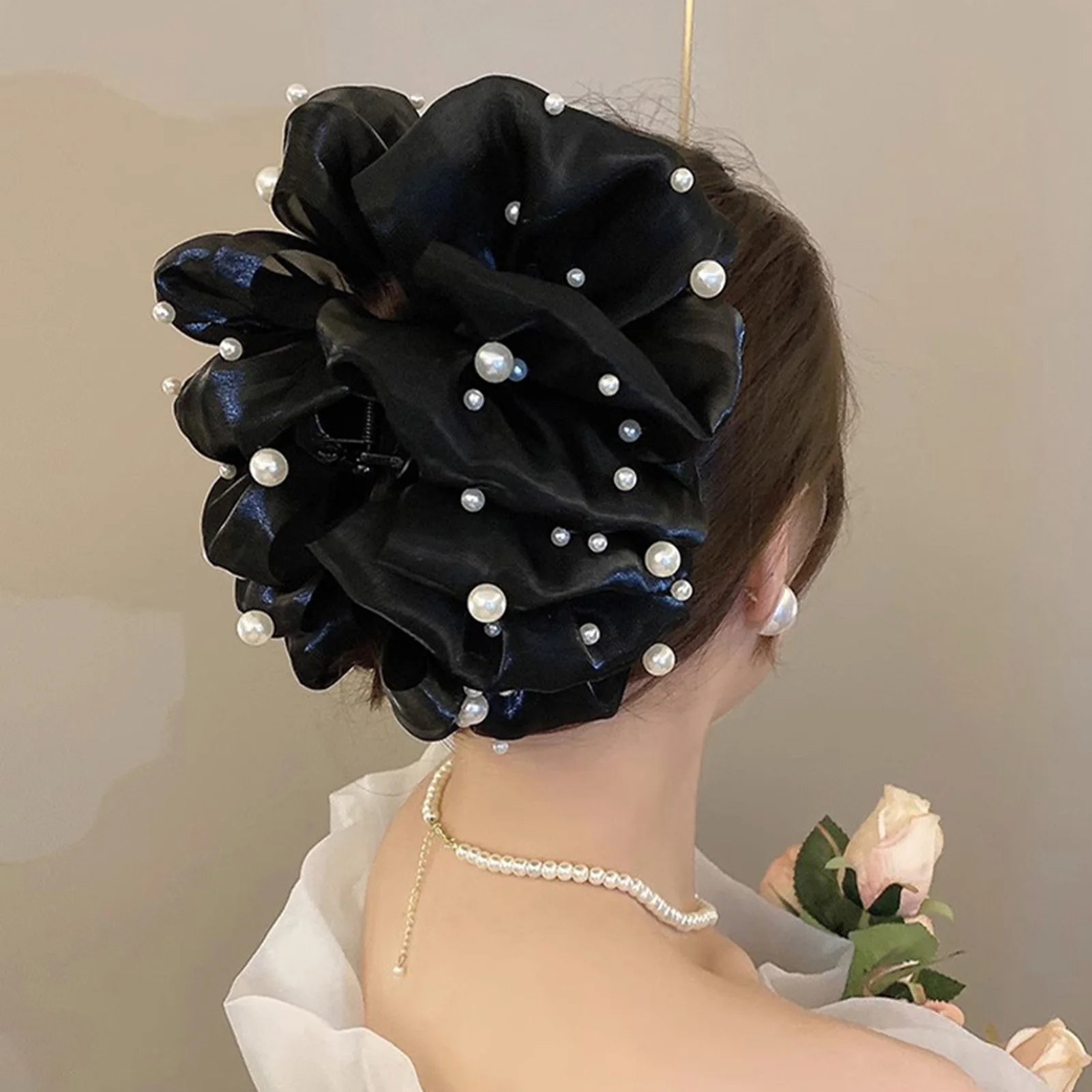 Neue Haar Klaue Für Frauen Große Perle Perle Bogen Gaze Shark Greifer Klaue Elegante Exquisite Hochsteckfrisur Haar Clip Mädchen Haar Zubehör – Detail 2