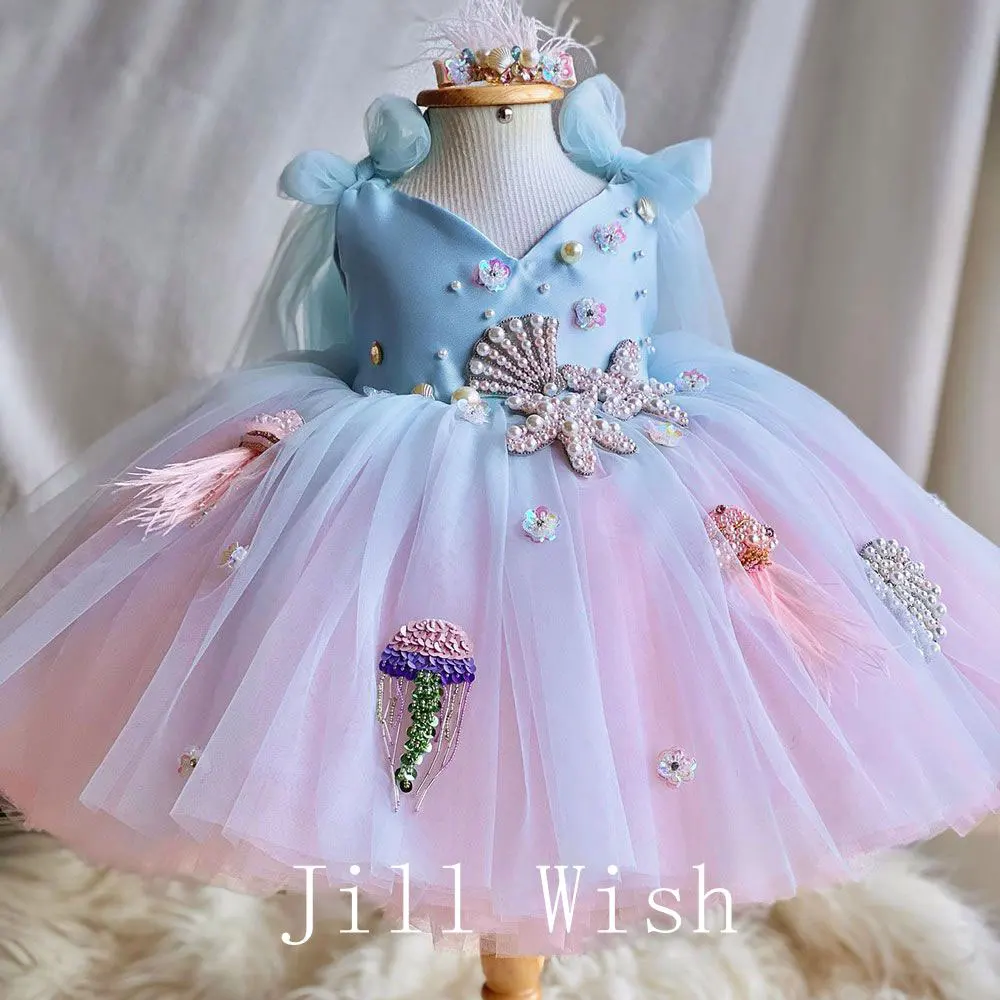 JillWishLuxurySkyBlueBabyFlowerGirlDressesBeadingPearls