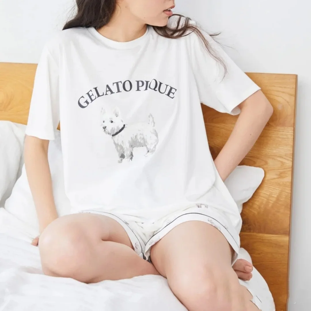 gp gelato pique gerpique 라벨이 없는 매우 부드러운 잠옷, 라운드넥 강아지 디자인의 반팔 반바지 - 여성용 라운지웨어