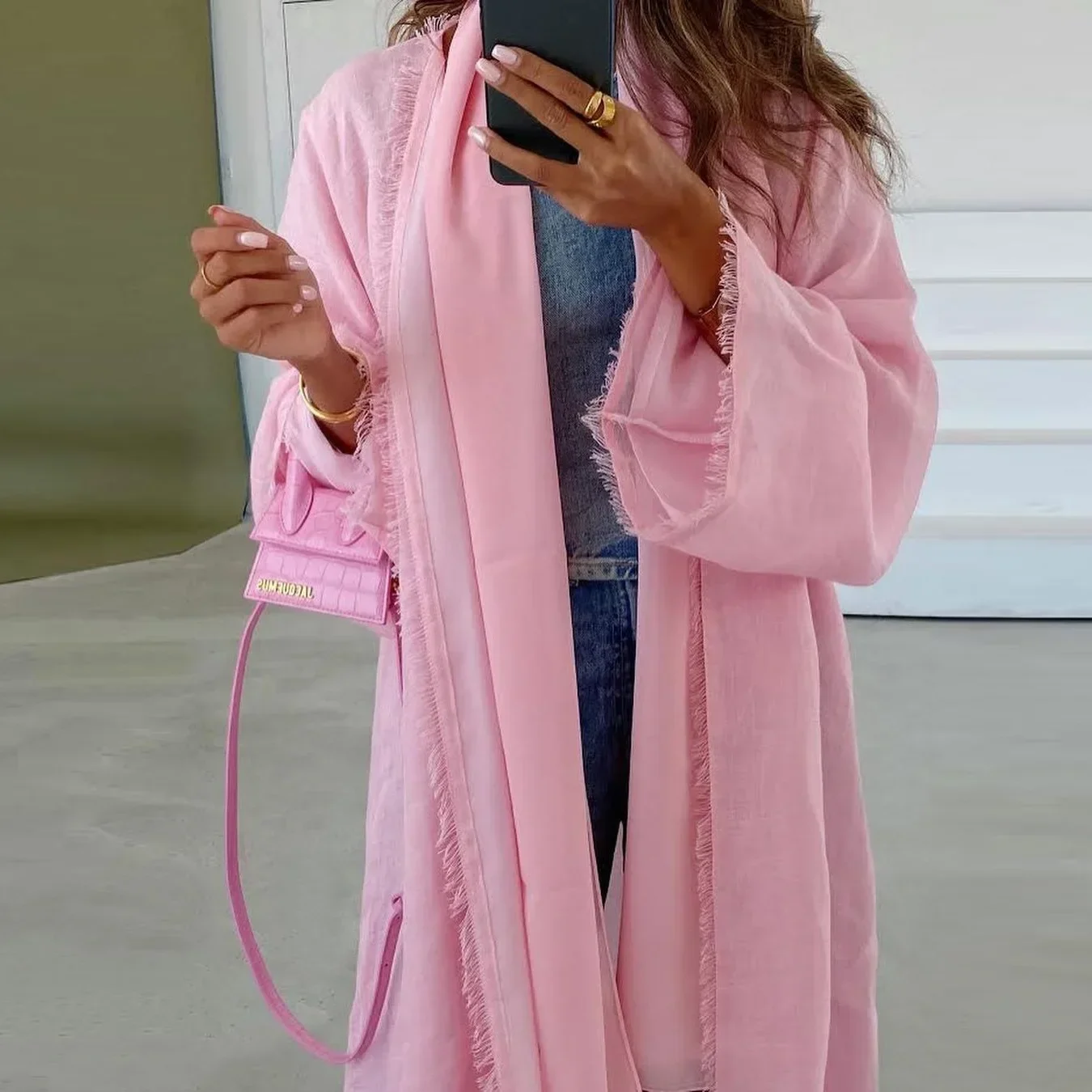 Solid Modest Casual Pink Tassel Open Kimono Abaya Muslim Ramadan Eid Dubai Women Clothing Jalabiyat Moroccan Caftan Abaya Dubai