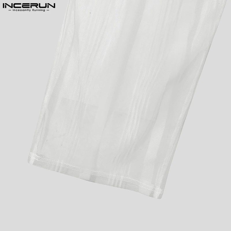 INCERUN See Through Pants Men Hansome Stripes Splicing Trousers Casual Loose Solid Color Bottoms Elegant Leisure Party Pants