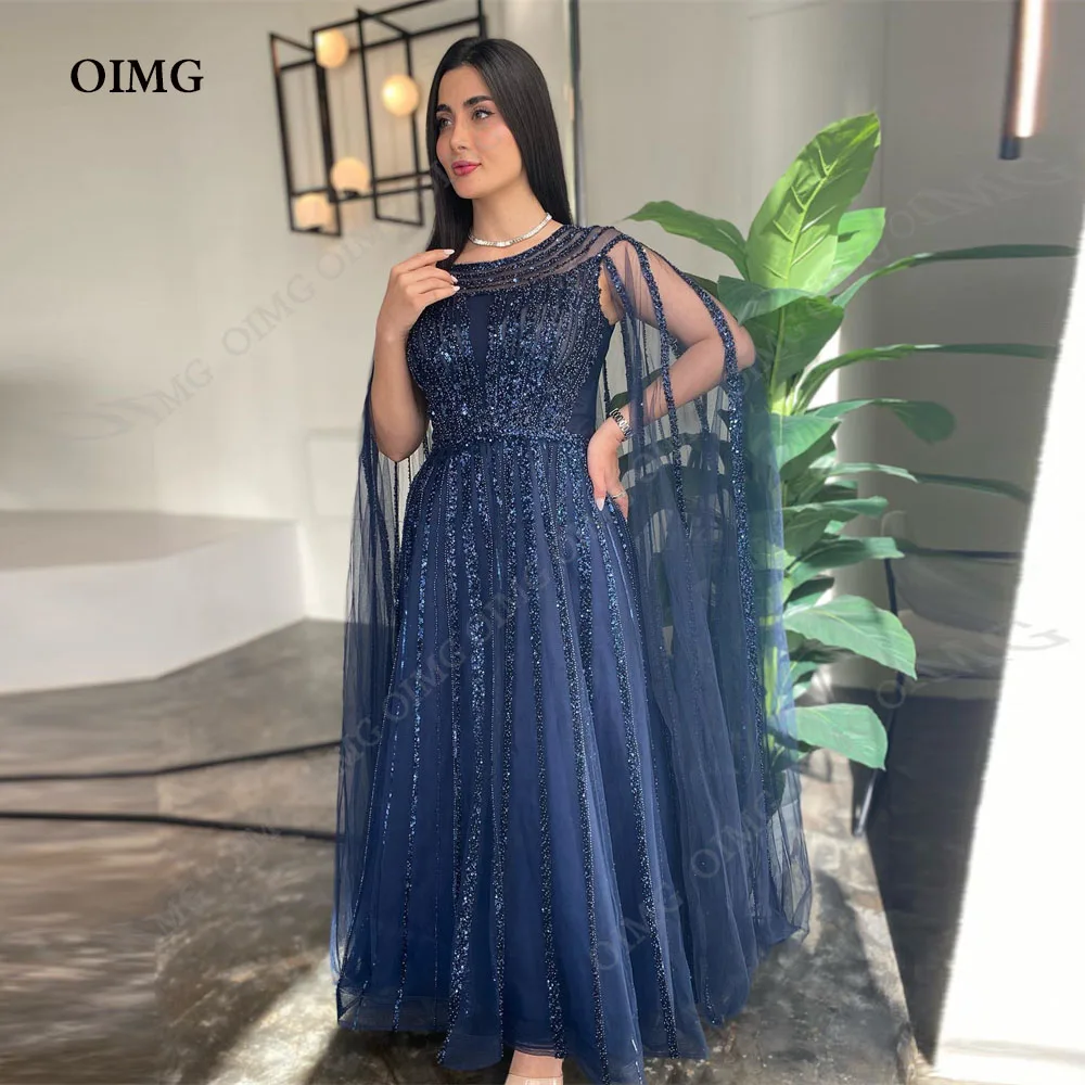 

OIMG Navy Blue Tulle A Line O-Neck Long Cape Slevees Prom Party Gowns Shiny Sequins Dubai Custom Evening Gowns Dress vestidos