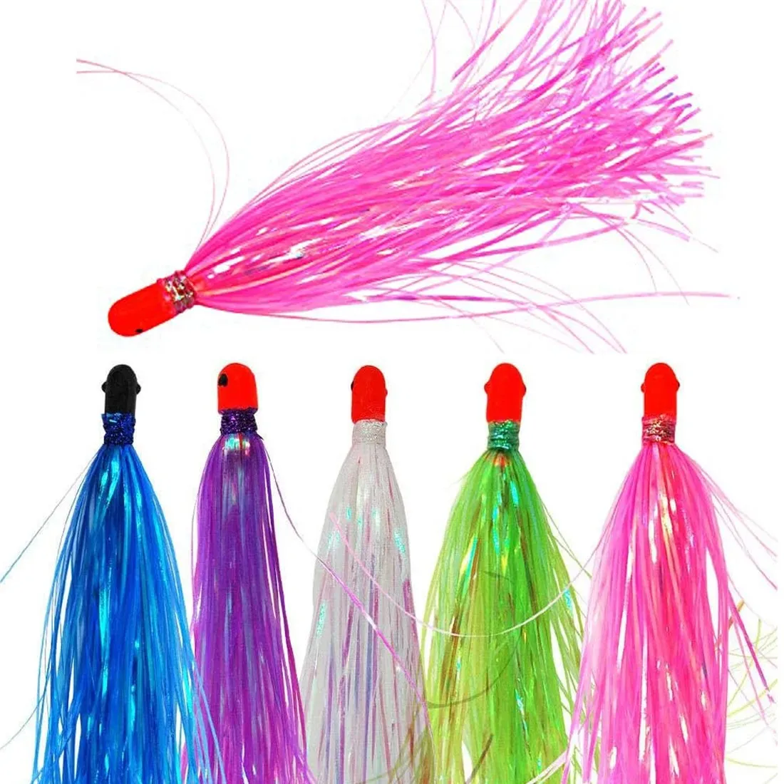 Mylar Flash Teaser Tail Bucktail Fishing Lure 10G Weighted Jig Head Saltwater Mylar Fishing Gonne Bait Fluke Rig Trolling Lure