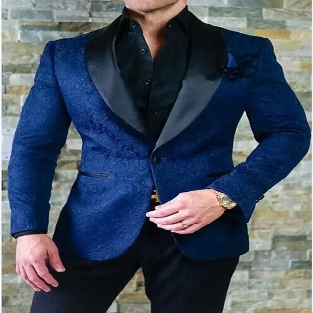 

Blue Jacquard Jacket Black Pant Men Suit Casual Slim Fit Blazer Hombre Groom Tuxedo Prom High Quality 2 Piece Set Costume Homme