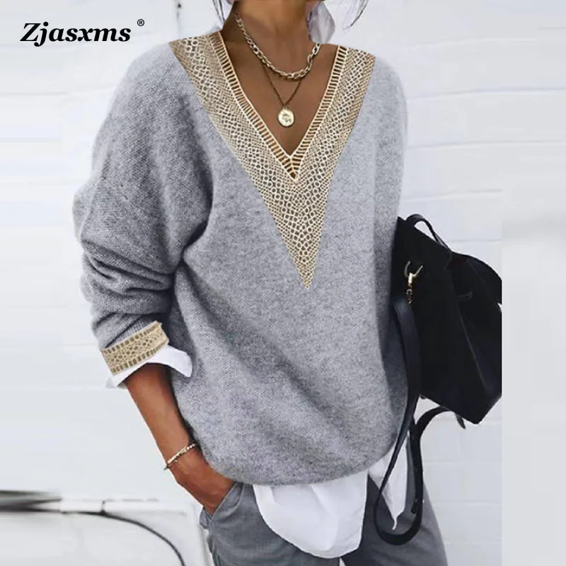 

New Spring Autumn Loose Print Knit Sweater Hoodie Female Casual Collar Lace Top Women Winter Long Sleeve Solid Color Office Top