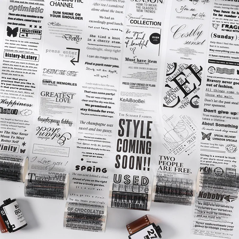 라이프 레버러토리 특수 오일 방수 PET 저널 테이프 영어 흑백 요소 박스형 접착 테이프 스티커 롤