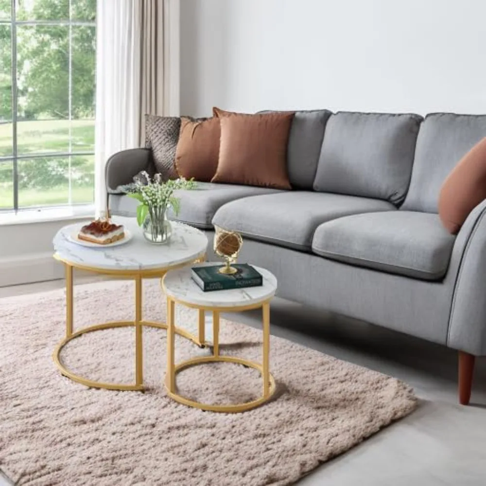 Coffee Table Nesting Round Table Set of 2 Side Table with Sturdy Metal Frame for Living Room Bedroom Apartment Modern 2
