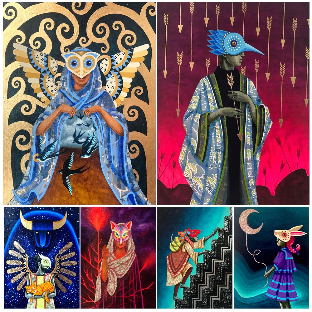 

Shaman Girl With Animal Mask Surreal Fantasy Wall Art Canvas Painting Brightly Colored Pagan Folk Art Poster Print Home Decor