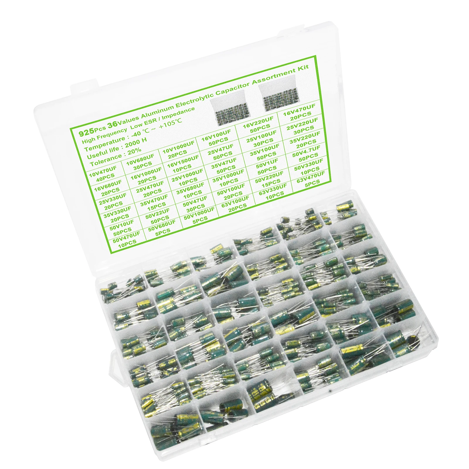 925Pcs 36Values Aluminum Electrolytic Capacitor Assortment Kit Low ESR 1uF 4.7uF 10uF 22uF 47uF 100uF 220uF 330uF 470uF 10V-63V electrolytic capacitor aluminum electrolytic capacitor