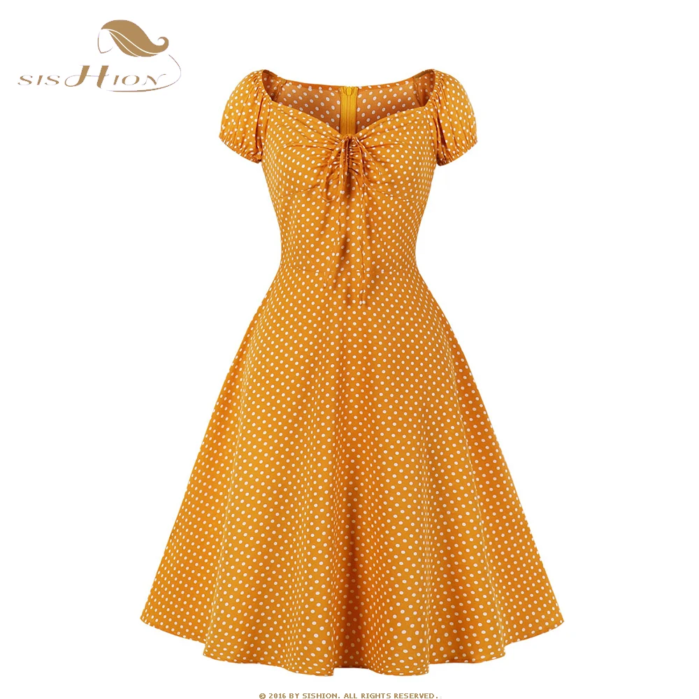 

2023 Fashion Polka Dot Midi Dress for Women Yellow Pink O Neck Ladies Paty Dresses 50s 60s Retro Vintage Summer Vestidos SR612