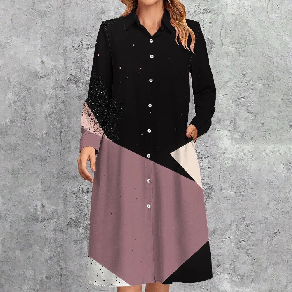 Elegant Purple Geometric Plaid Printed Shirt Dress 2024 Women's Clothing Loose Fit Lapel Long Sleeve Commuter Dress Work Robes