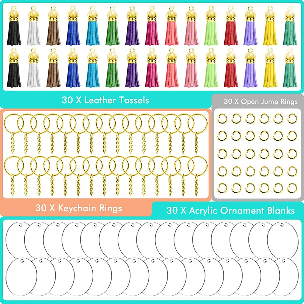 120Pcs Acrylic Keychain Blanks Tassel Pendant Keyring Pendant Round Acrylic Key Chain Metal Keychain Ring Set DIY Craft