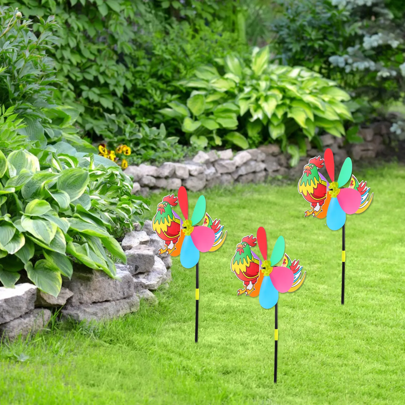 3Pcs 3D 수탉 정원 풍차 바람개비 캠핑 피크닉 잔디밭 뒷마당 발코니 파티오 데크 베란다에 대한 경량 휴대용