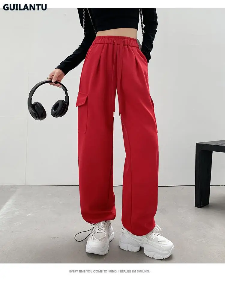 Fashion (Red)Ribbon Cargo Pants Women Plus Size Joggers Winter