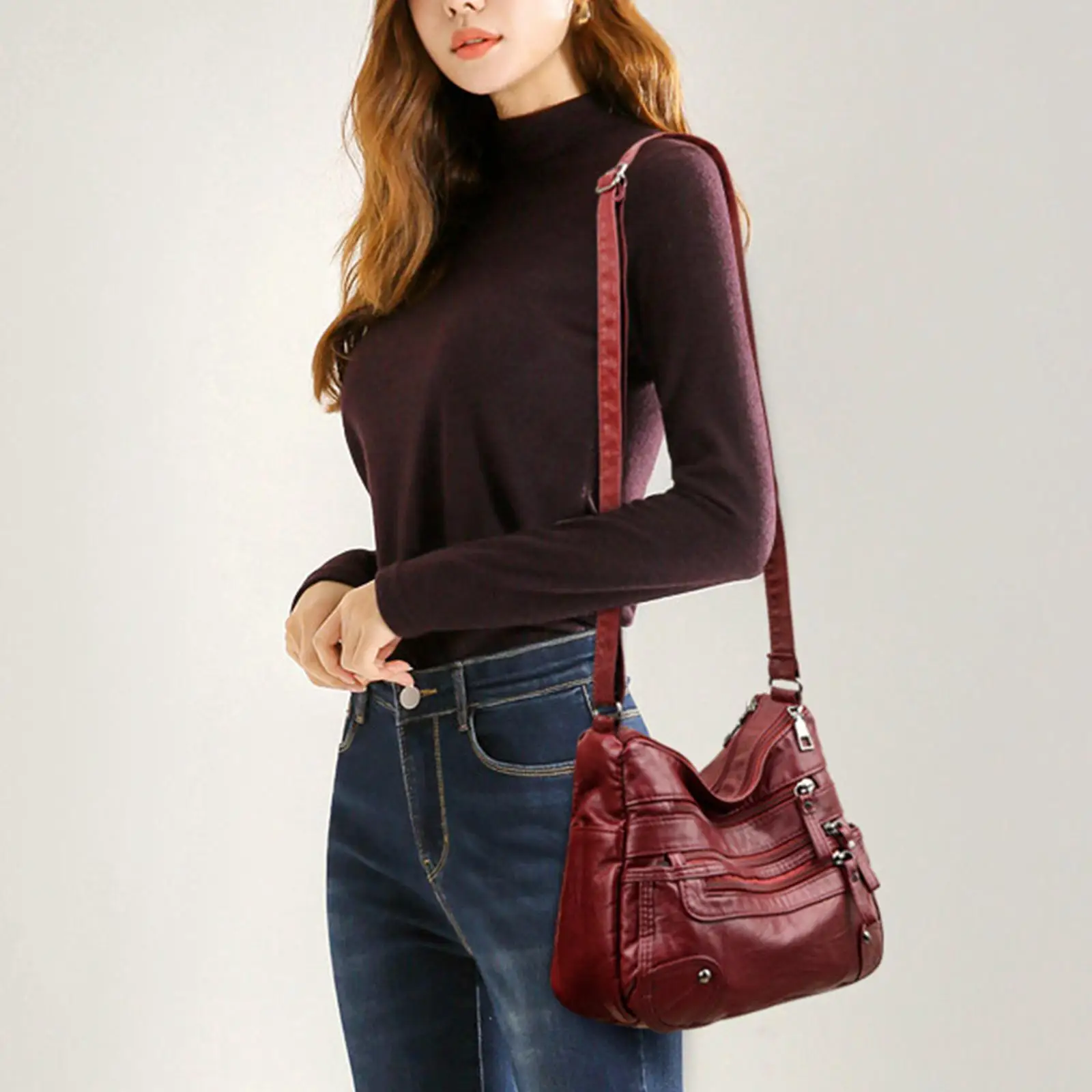 Women Leather Shoulder Bag Vacation Casual Travel Bag Multi Layer Lady Black