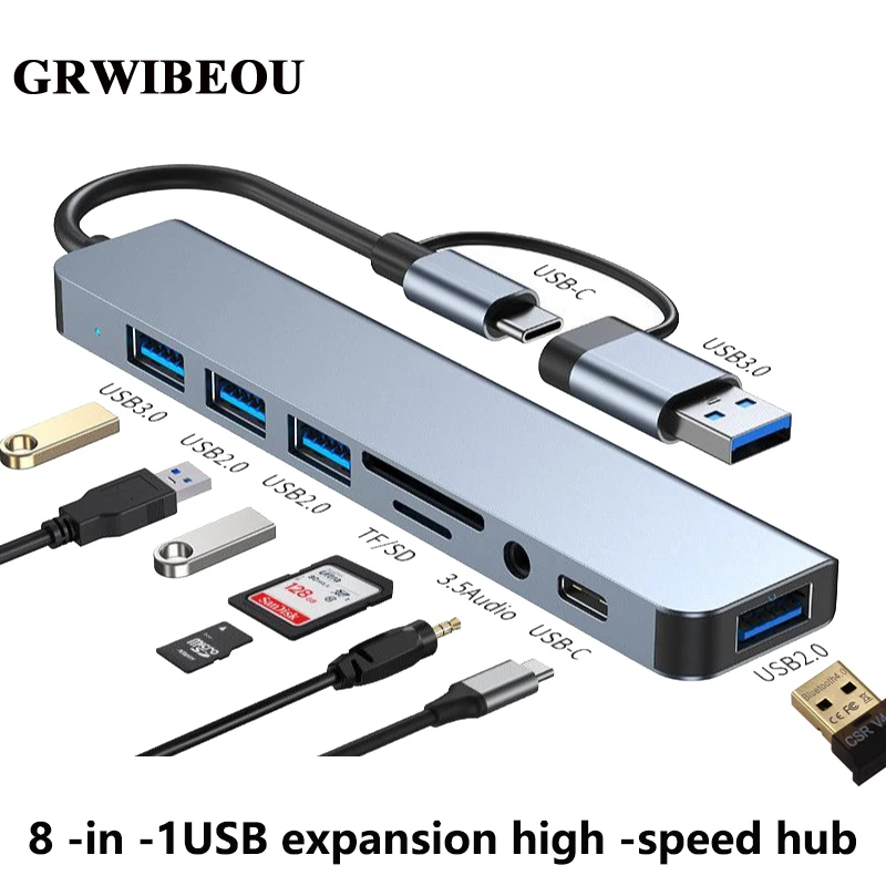 

GRWIBEOU 8 in 2 Ports Type C Hub Concentrator Docking USB 3.0/2.0 Multi Adapter SD TF Card Reader Audio Extender Splitter