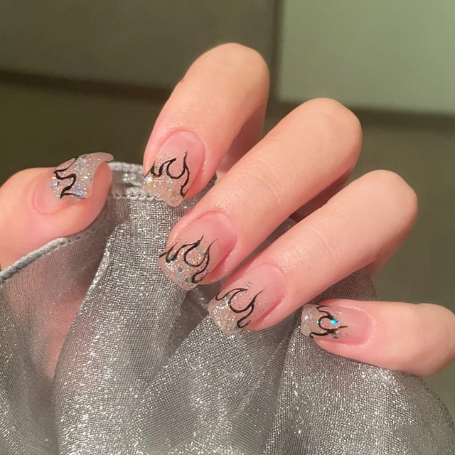 False Nail Full Cover Fake Nail Elegant Pink Gradient Glitter French Short Nails Coffin Short False Nail Press On Nails