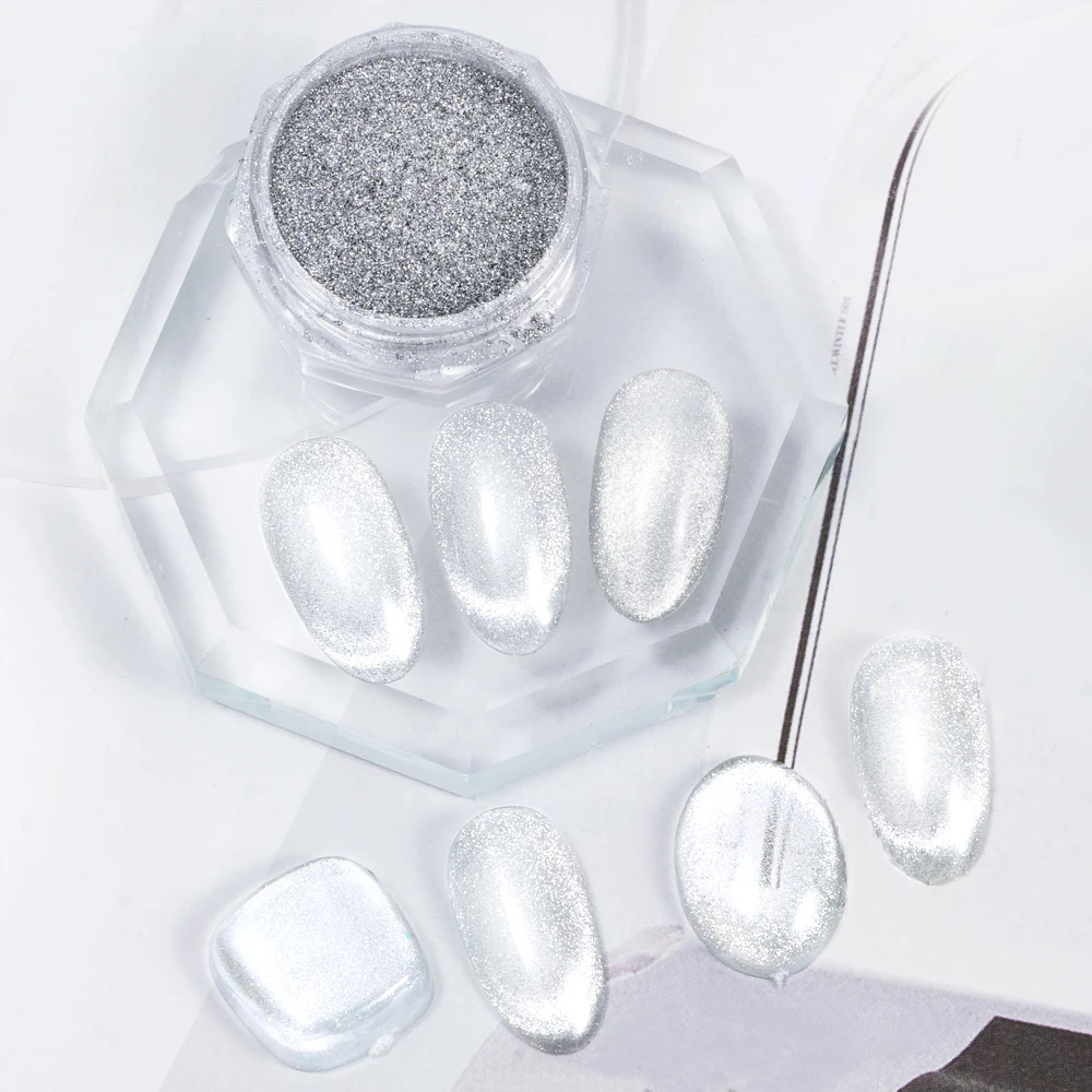 HNDO Silver Cat Eye Magnetic Powder Bright White Glitter Nail Art 3D Effect for Manicure Design Fine Particles Pigment Dust SD46