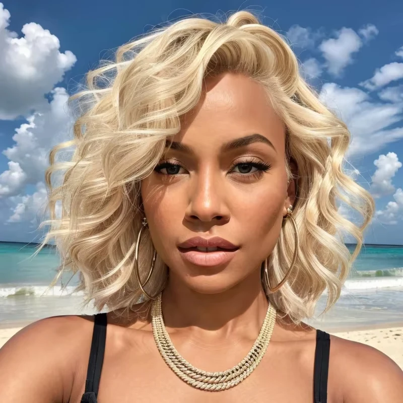 Poker Face Blonde Lace Front Bob Wigs Short Wavy Human Hair Wigs