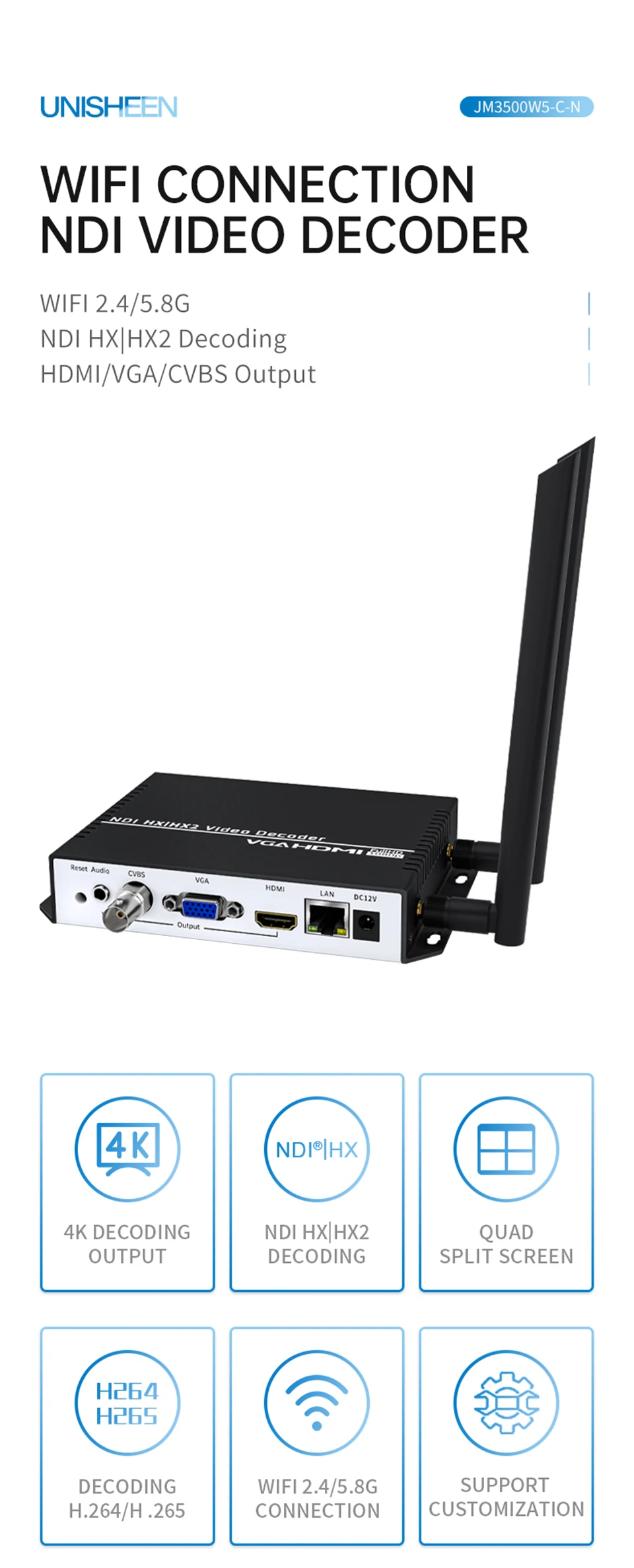 NDI HX2 UHD RTSP RTMP SRT UDP H.265 H.264 Muti-Viewer Wireless VGA HDMI Video De