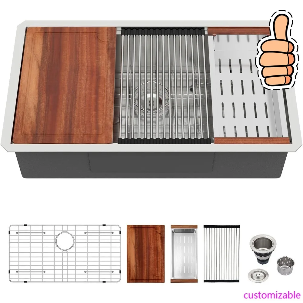 NEW-33" Undermount Kitchen Sink - 33 Inch Undermount Sink Workstation SUS304 16 Gauge Stainless Steel Under Counter Single Bowl