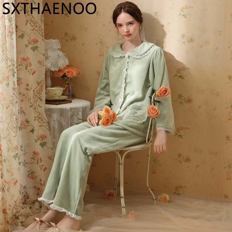 

SXTHAENOO New Women Luxury Elegant Pajamas Thickened Coral Velvet Nightgown Turn-Down Collar Long Sleeve Pajamas Lovely Home Sui