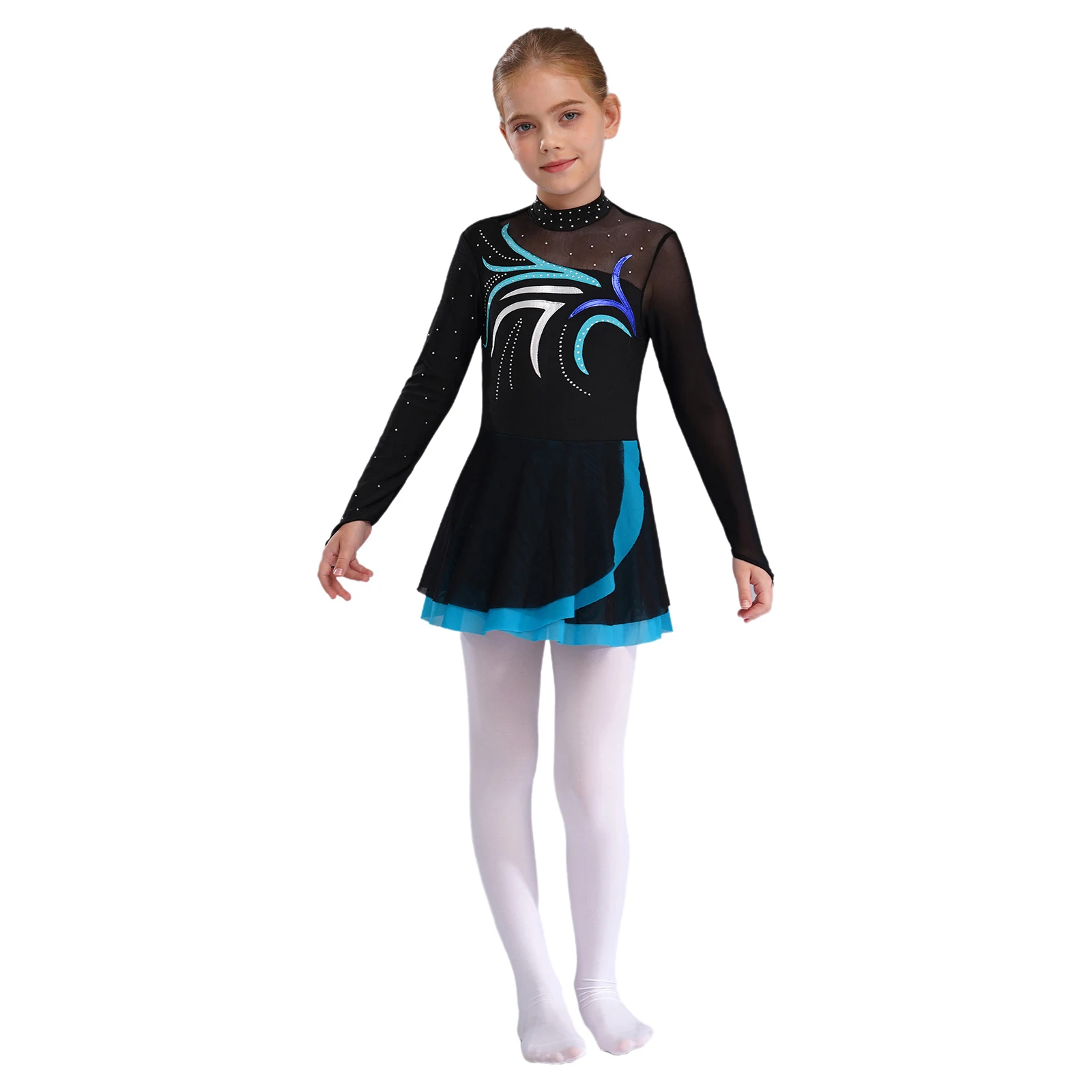 Kinder Mädchen Eiskunstlauf Tanz Performance Kleider Glitzernde Strasssteine Sheer Mesh Trikotkleid für Ballett Lyrical Dancewear – Detail 10