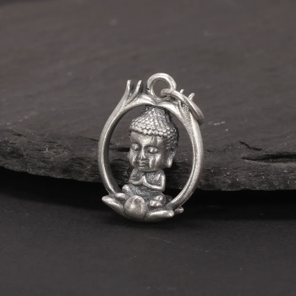 S925 Sterling Silver Buddhist Pendant Necklace Vintage Vintage Lotus Three-dimensional Buddha for Men and Women Solid Jewelry