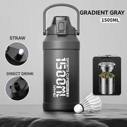 Insulated Stainless Steel Water Bottle with Straw and Handle - Large Capacity Flask - 2.0L (1500ML BLACK GRAY)