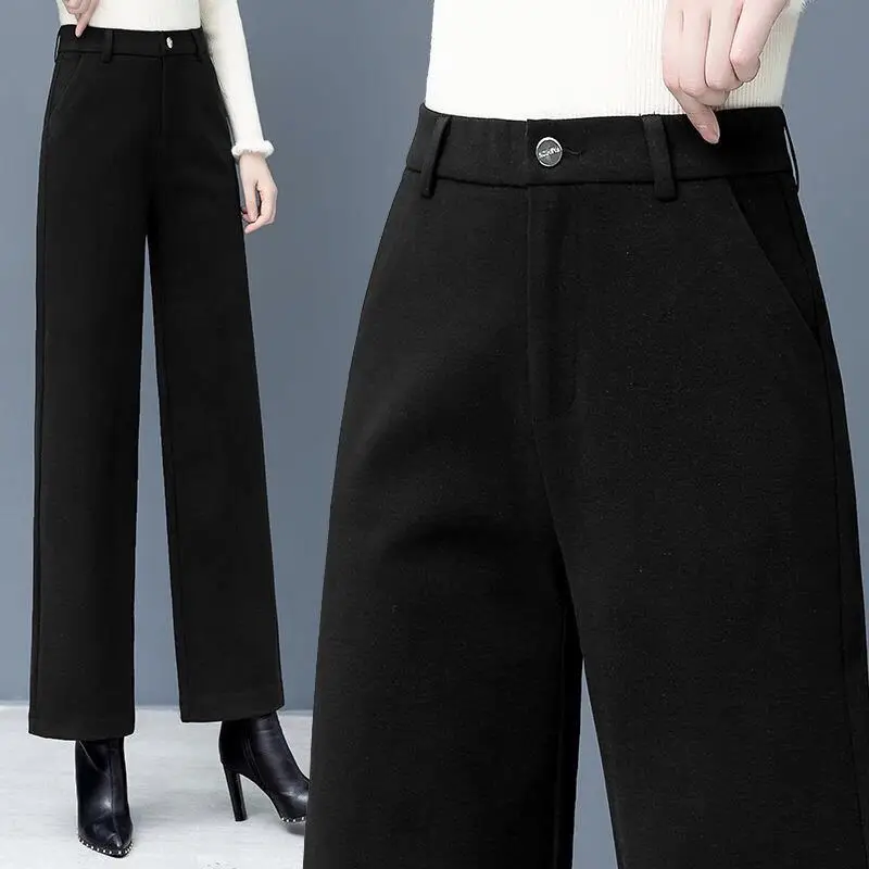 Women Woolden Wide Leg Pants Korean Fashion Plus Velvet High Waist Pantalones All-Match Lady Office Large Size Suit Trousers