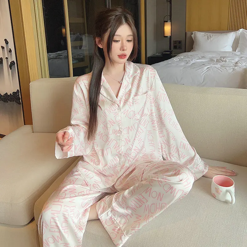 New summer short-sleeved trousers, pajamas, women's cardigans, long-sleeved flowers, satin fashion, thin loungewear