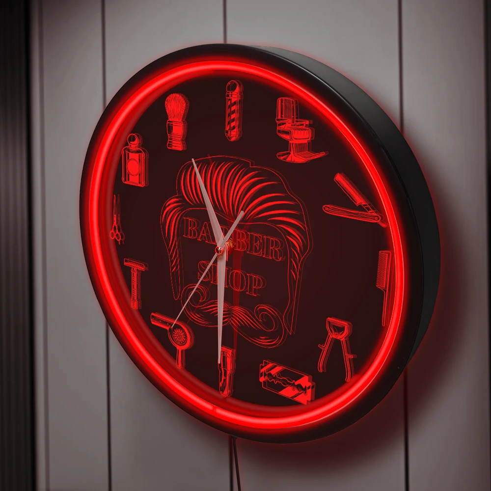 Barber Shop Red Neon Logo Metal Frame Wall Clock for Man Cave Barbering Business Sign Flexible Flex illuminated Neon Wall Clock
