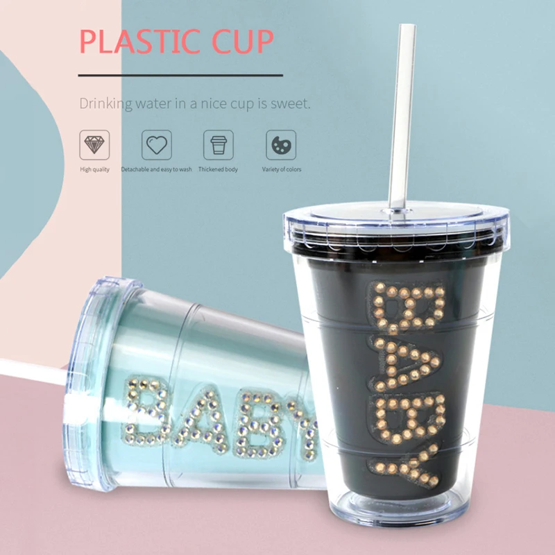 

New Flash Dome Water Cup With Lid Plastic Milk Double Layer Drink Cup With Straw 410ml