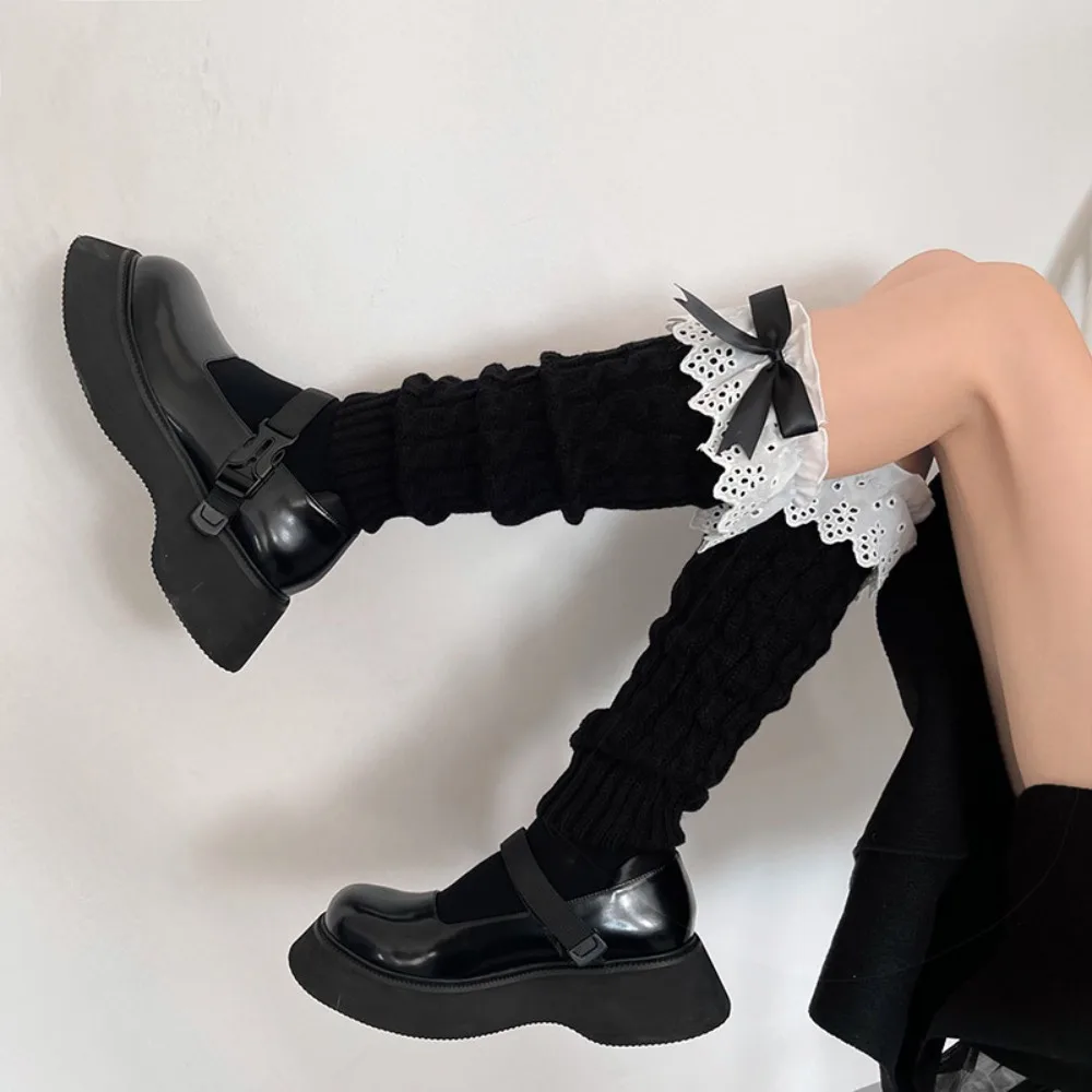 

Warm Kawaii JK Women Girl Lace Solid Color Lolita Leg Sleeves Women Leg Warmers Bow Foot Cover Boots Cover