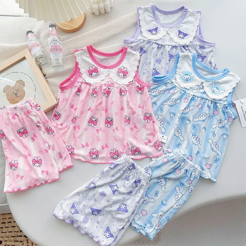 

Sanrio Kawaii My Melody пижамы Cinnamoroll детские летние ледяные шелковые домашние костюмы Мультяшные шорты пижамы комплект из двух частей