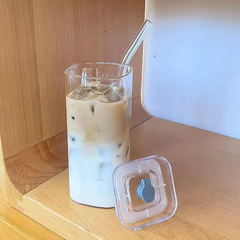 Heat-resistant square glass mug with lid and straw, 1/2/4/6 pcs.