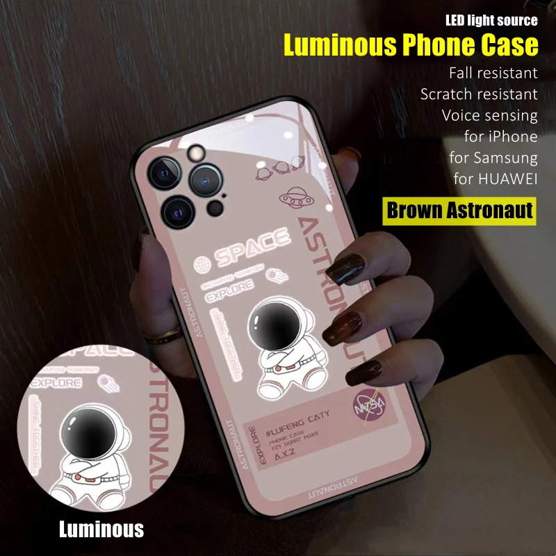 

Cute Astronaut LED Light Glowing Luminous Tempered Glass Phone Case for OnePlus 6 6T 7 7T 8 8T 9 9R 10 Ace Nord N20 N200 Pro