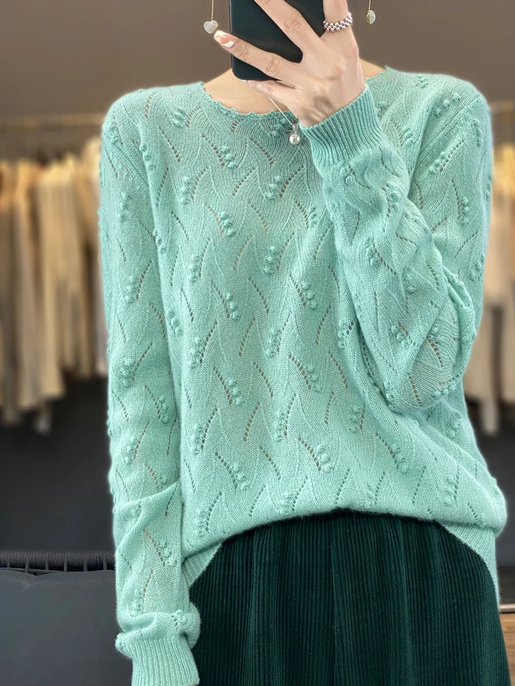 Aliselect Women Sweater Hollow Out O-neck Pullover Vintage 100% Merino Wool Long Sleeve Knitwear Spring Autumn Clothing Tops