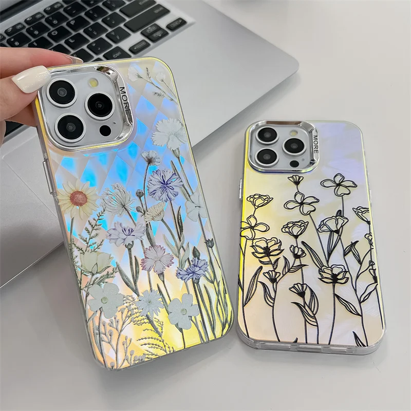 Coque de téléphone de luxe galvanisée à motif de fleur laser pour iPhone 16 15 14 13 Pro Max, coque arrière rigide antichoc en PC mat_voghion.com