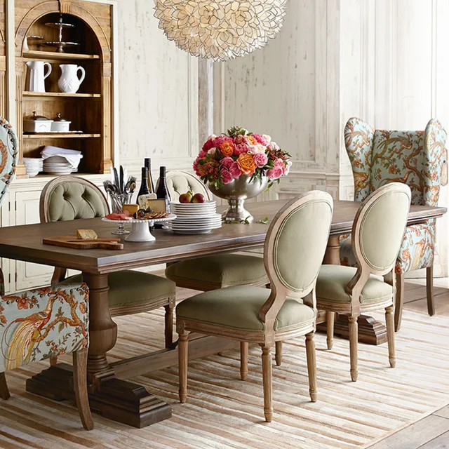 American solid wood dining table log casual home meeting table retro creative large board table French light luxury old long 2
