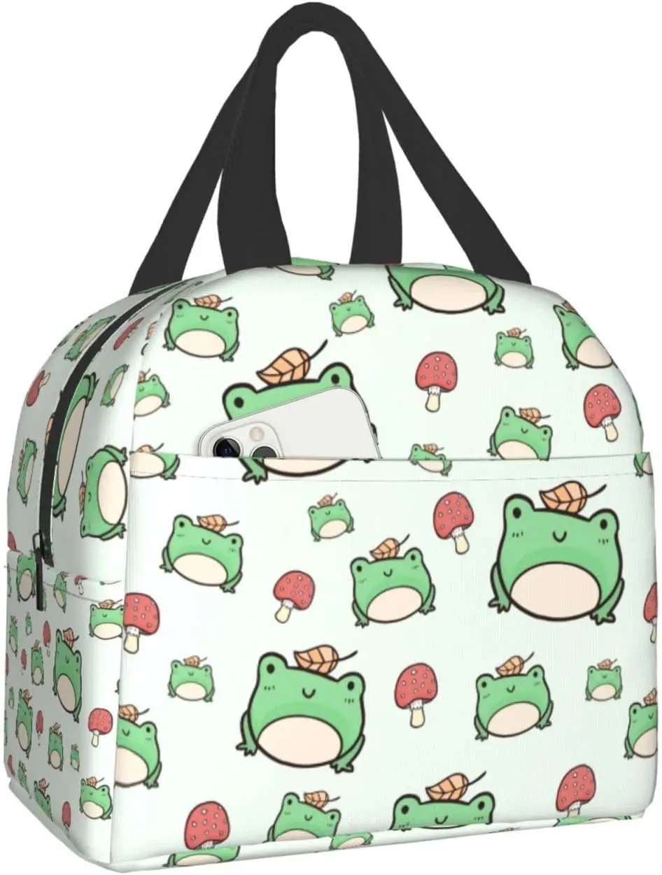 

Cute Green Frog And Mushroom Insulated Lunch Bag Reusable Lunch Box Thermal Cooler Tote Container Picnic Work Shopping For Women