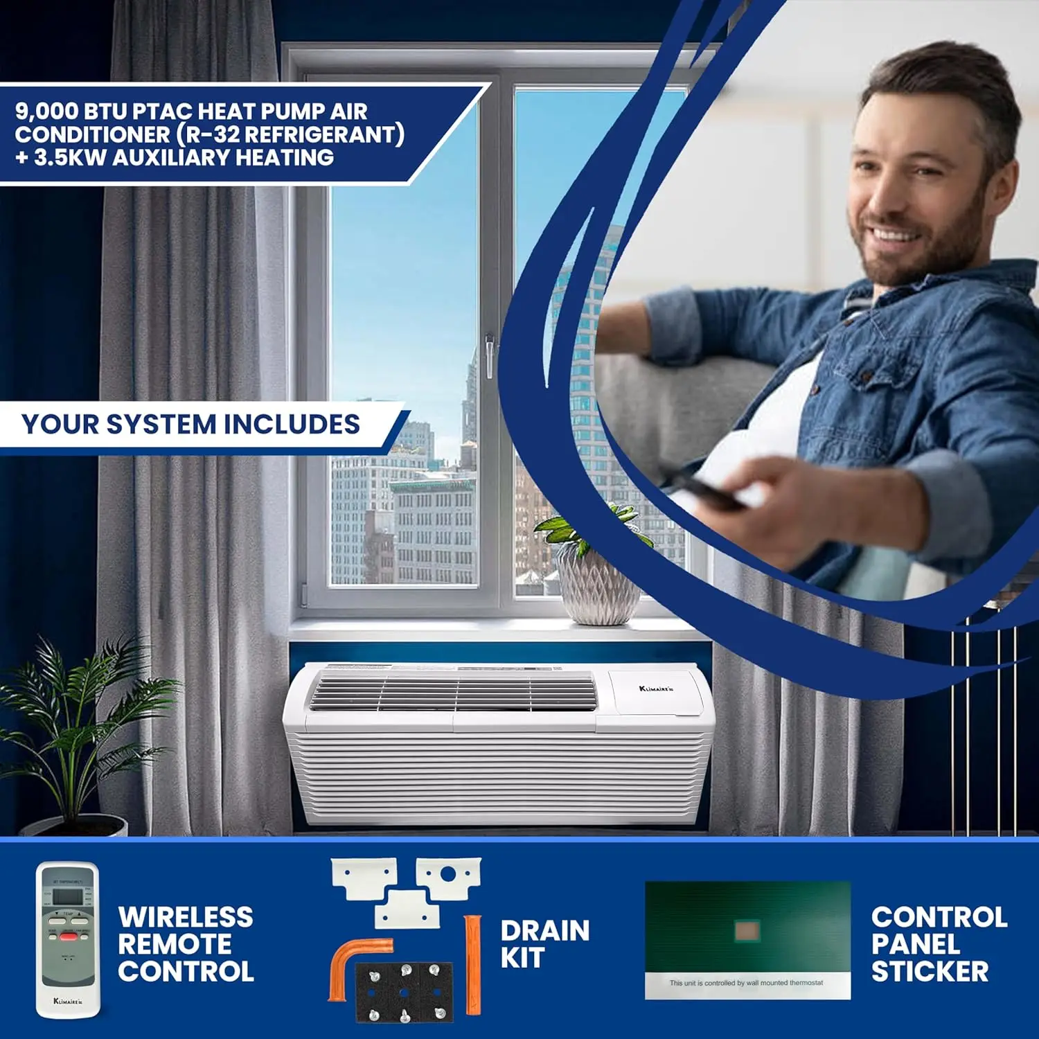 9,000 BTU PTAC Heat Pump A/C R-32 Wi-Fi Enabled with 3.5kW Electric Heater, Remote Control, Drain Kit - 230V 4