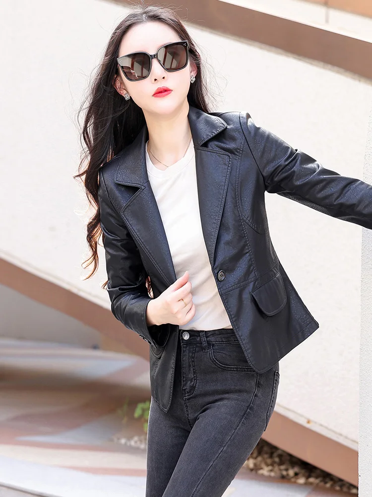 New Women Sheepskin Blazer Spring Autumn Fashion Classic Single Button Slim Leather Coat Casual Basics Split Leather Jacket