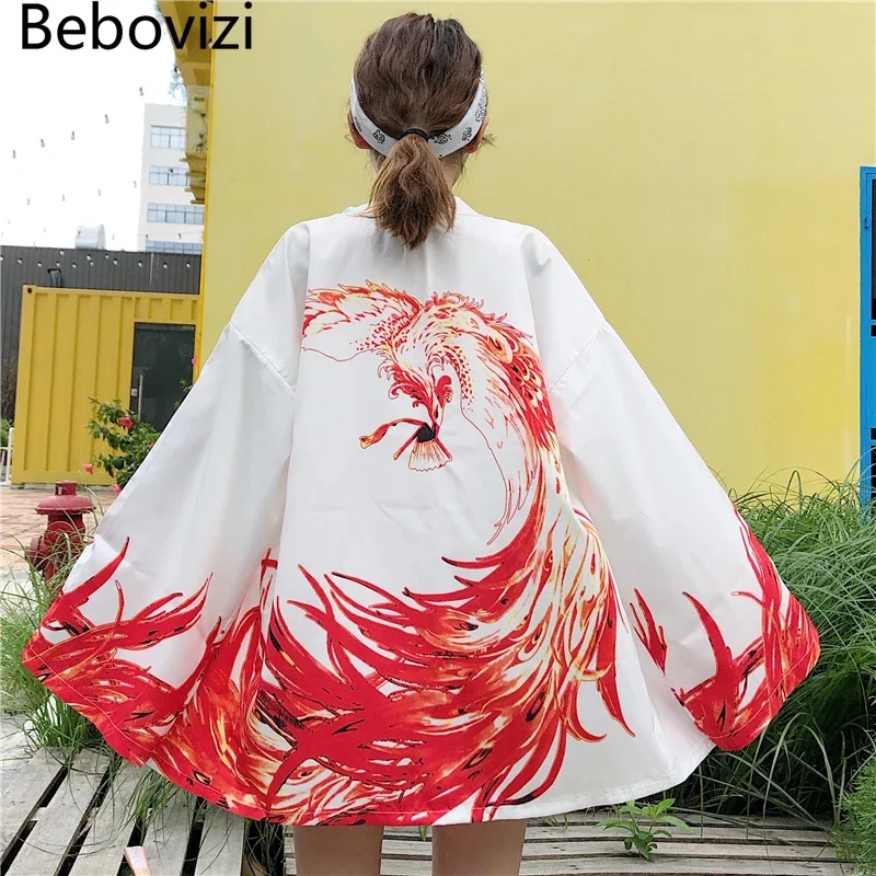 Japanese Kimono Japanese Kimono Cardigan Flaming Phenix Print Cardigan Harajuku Women Men Yukata Streetwear Haori